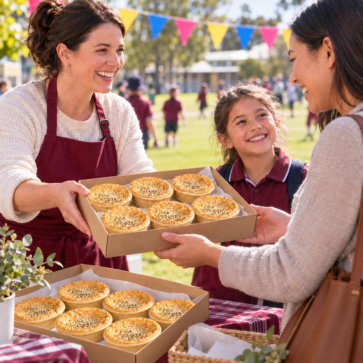 Families collecting packs of golden savoury pies at a colourful school fundraiser