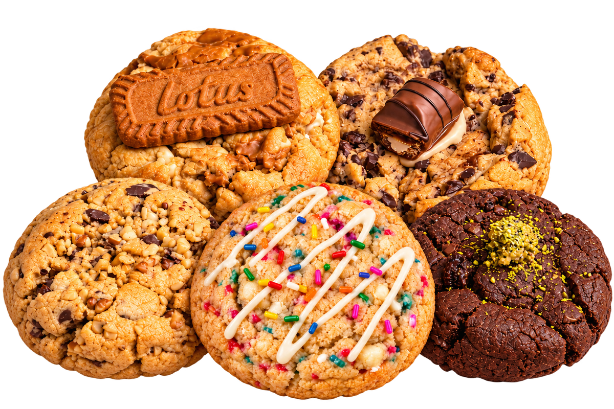 Bourkies Loaded cookie selection with Biscoff, Bueno, chocolate, pistachio and sprinkles