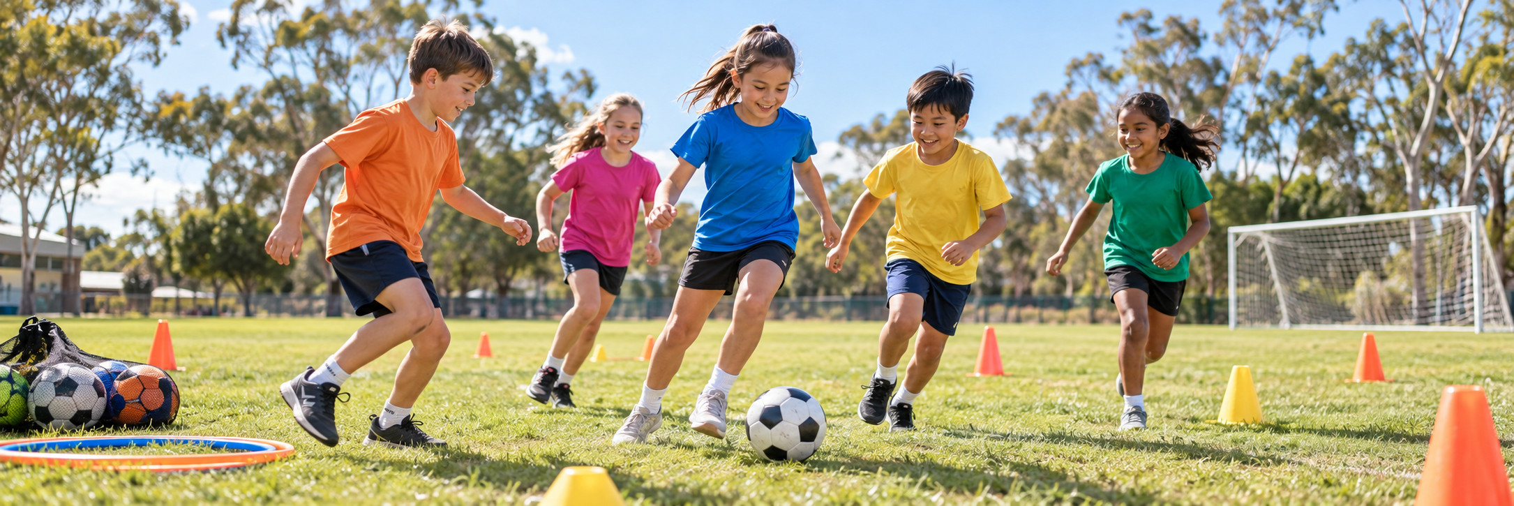 Children playing soccer on a sunny school oval with colourful cones, hoops and sports balls